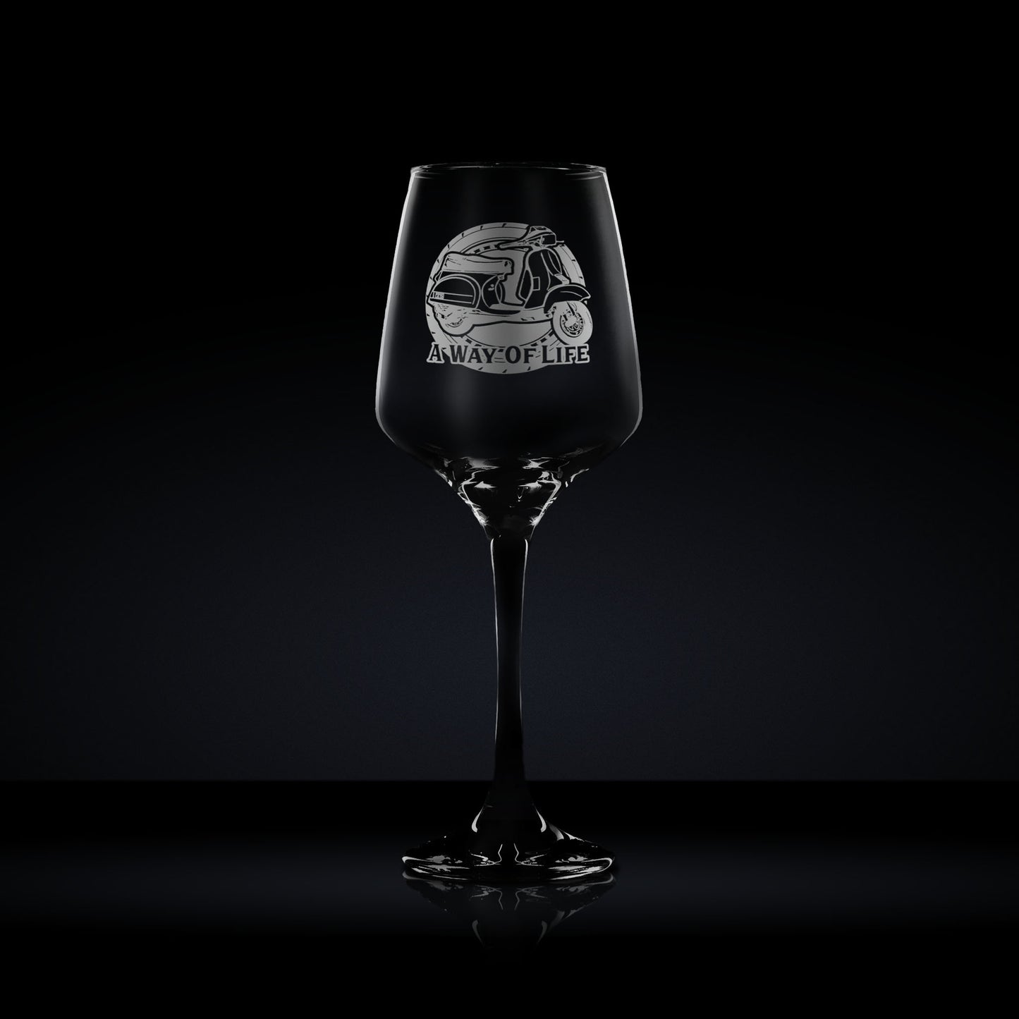 stemmed wine glass engraved with a vespa T5 scooter