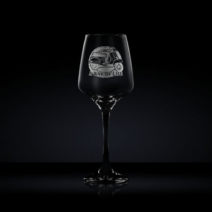 stemmed wine glass engraved with a vespa T5 scooter