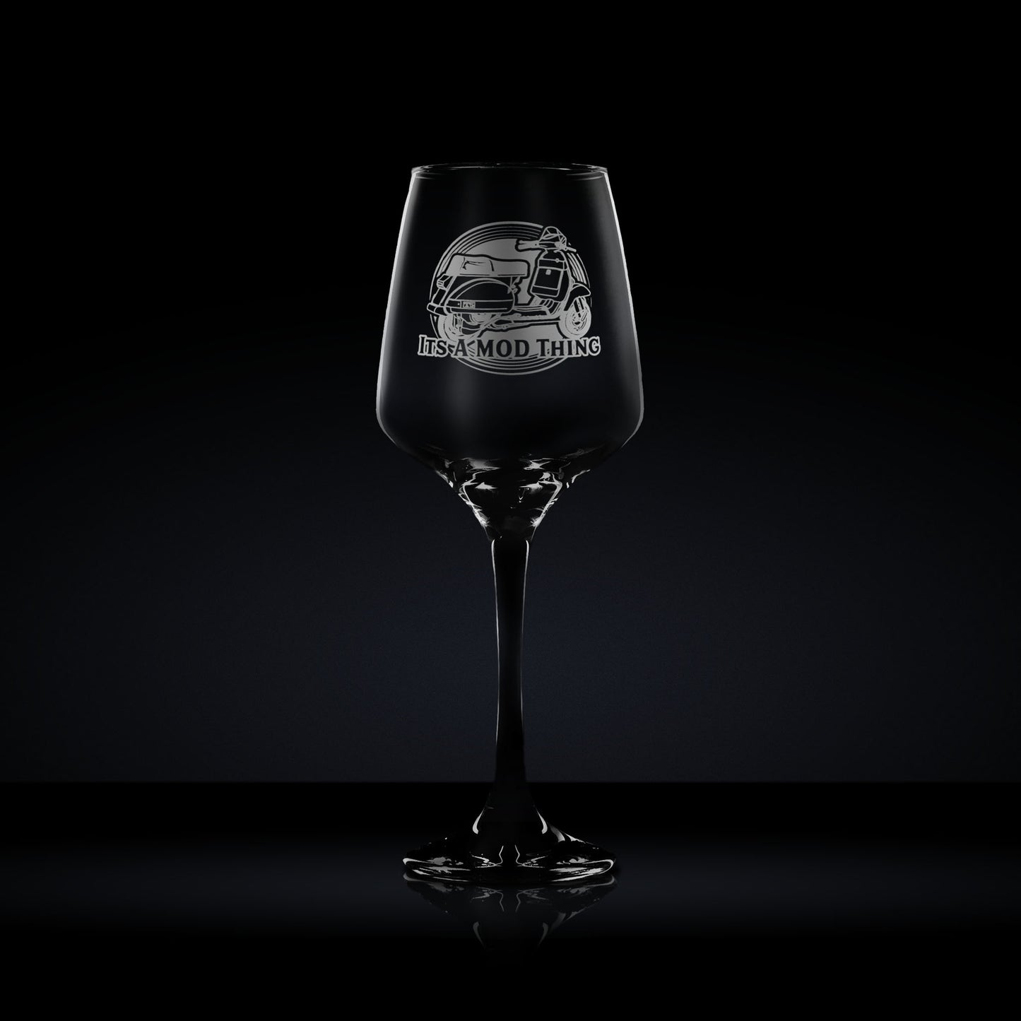 stemmed wine glass engraved with a vespa T5 scooter