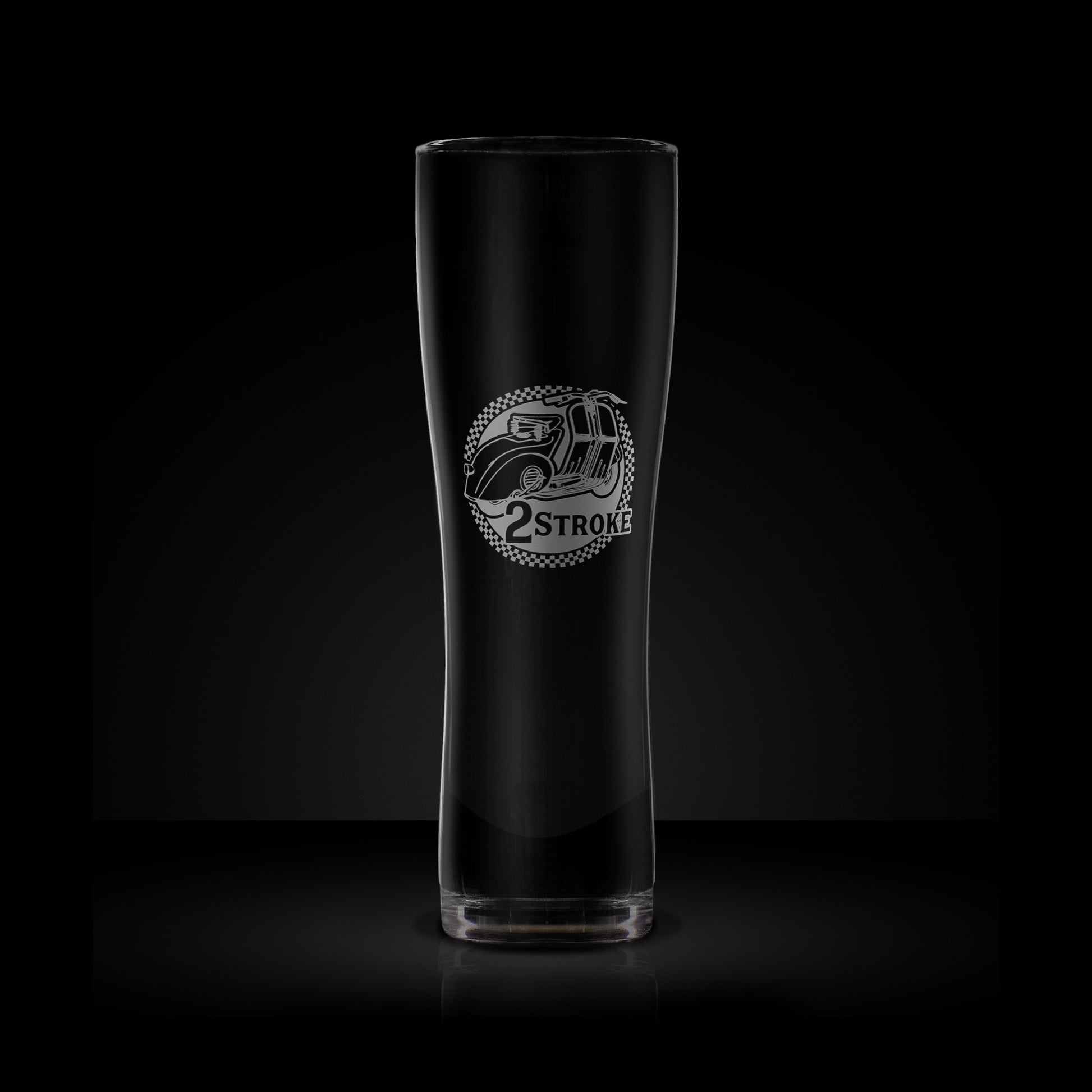 engraved craft beer pint glass featuring a vespa faro basso scooter design