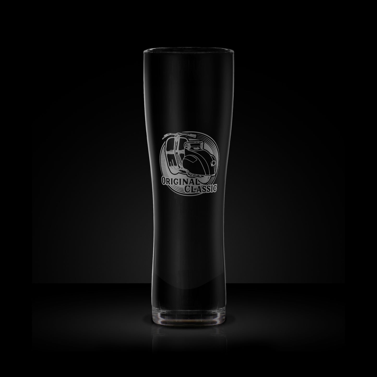 engraved craft beer pint glass featuring a vespa faro basso scooter design