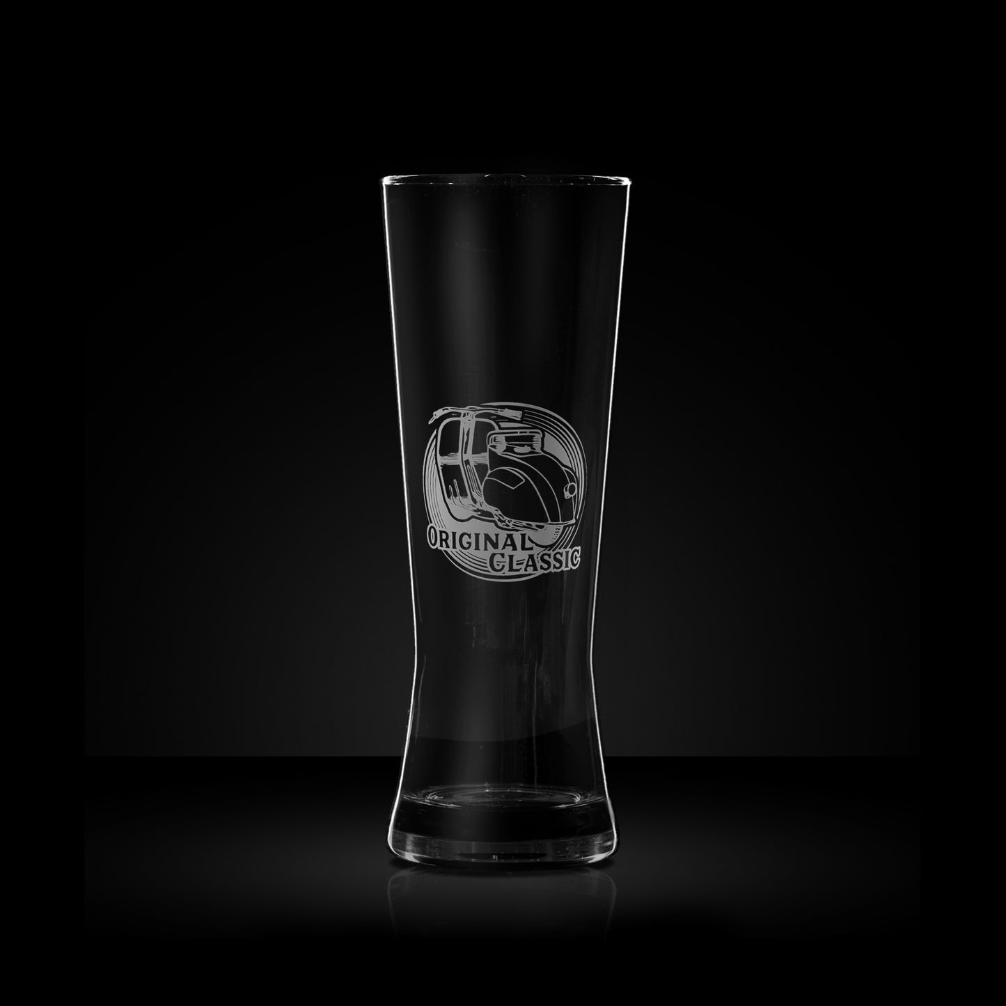 engraved pilsner pint glass featuring a vespa faro basso scooter design