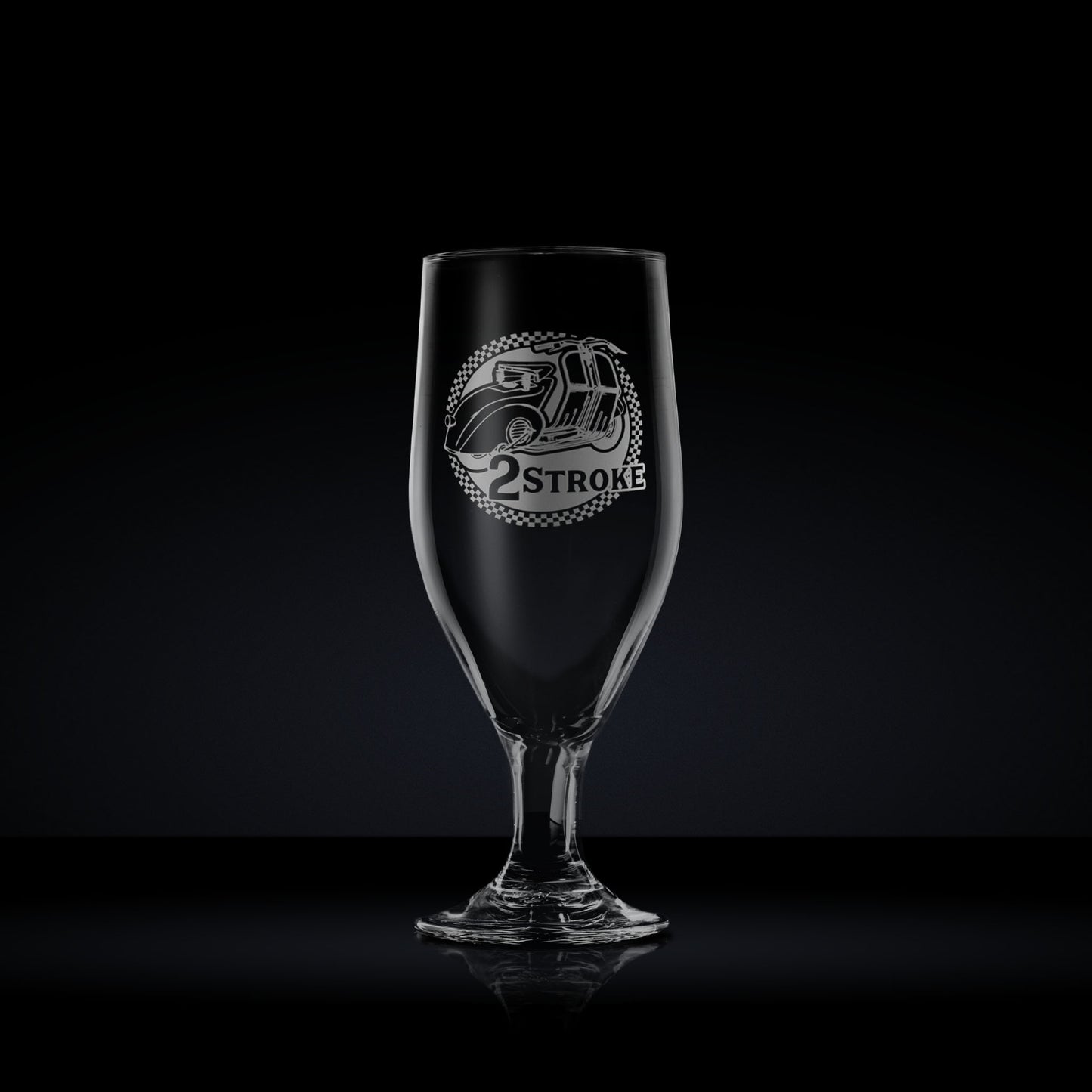 Engraved stemmed beer glass etched with a vintage vespa faro basso scooter