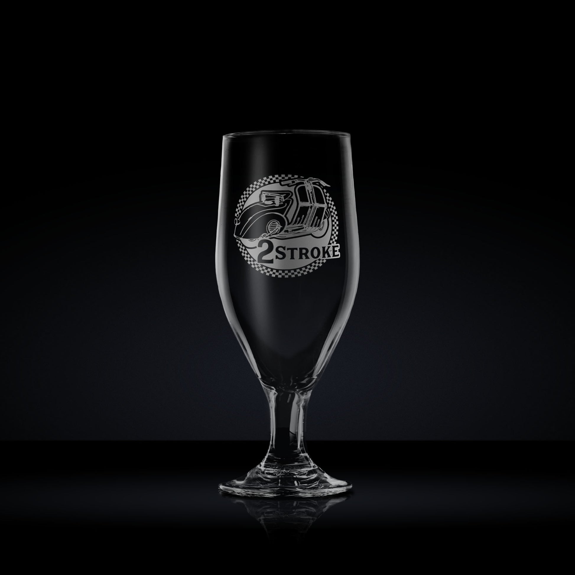 Engraved stemmed beer glass etched with a vintage vespa faro basso scooter