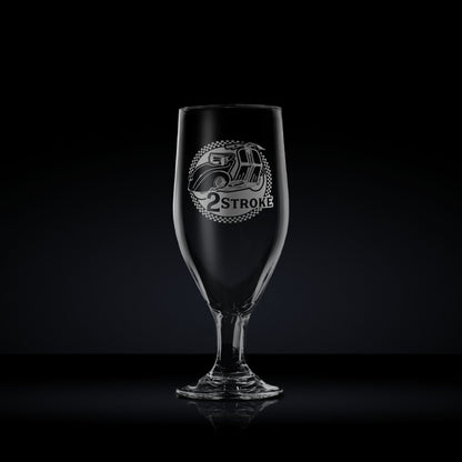 Engraved stemmed beer glass etched with a vintage vespa faro basso scooter