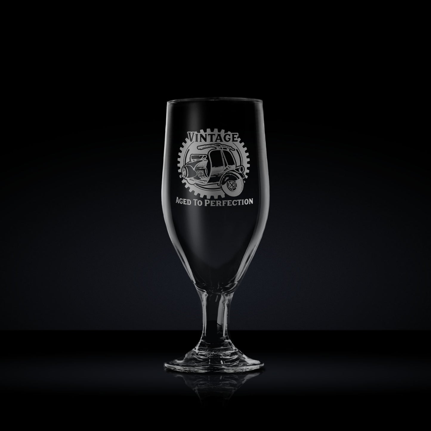 Engraved stemmed beer glass etched with a vintage vespa faro basso scooter