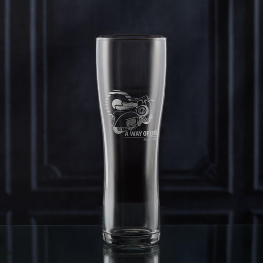 Personalised scooter pint glass engraved with a Vespa scooter and message