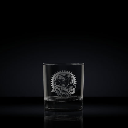 heavy base rocks glass engraved with an italian vespa gl scooter which can be personalised