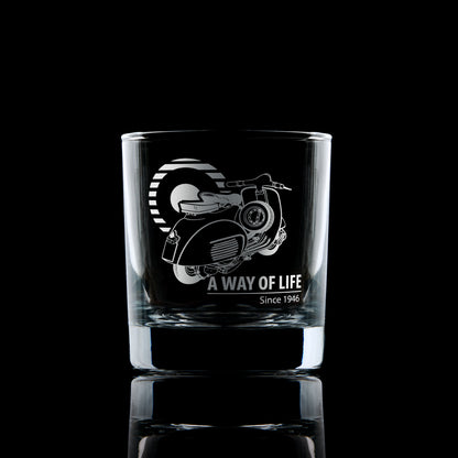 Vespa whisky glass engraved with a vintage GL scooter, mod target and "A Way Of Life" text