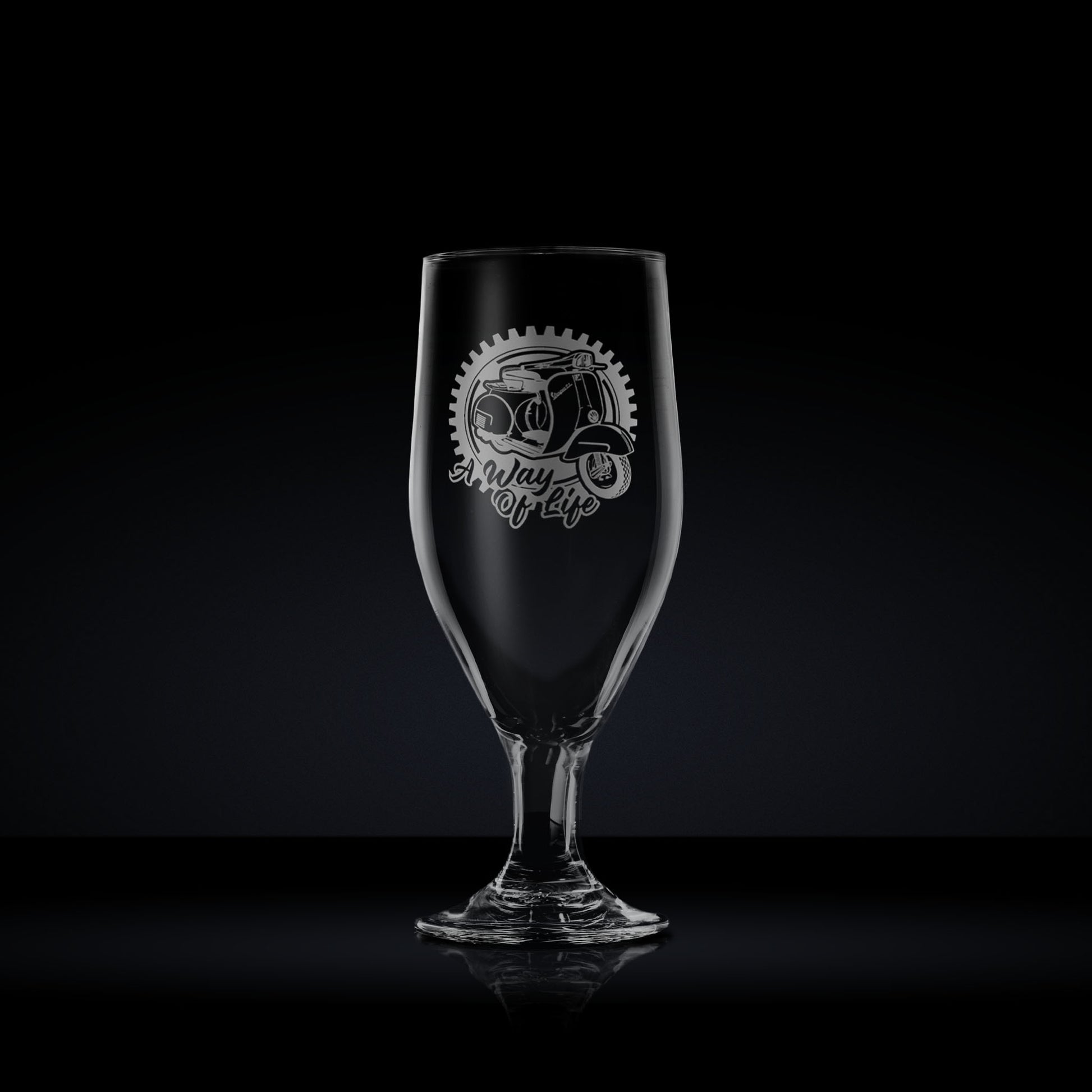 Engraved chalice beer glass etched with a vespa GL scooter design