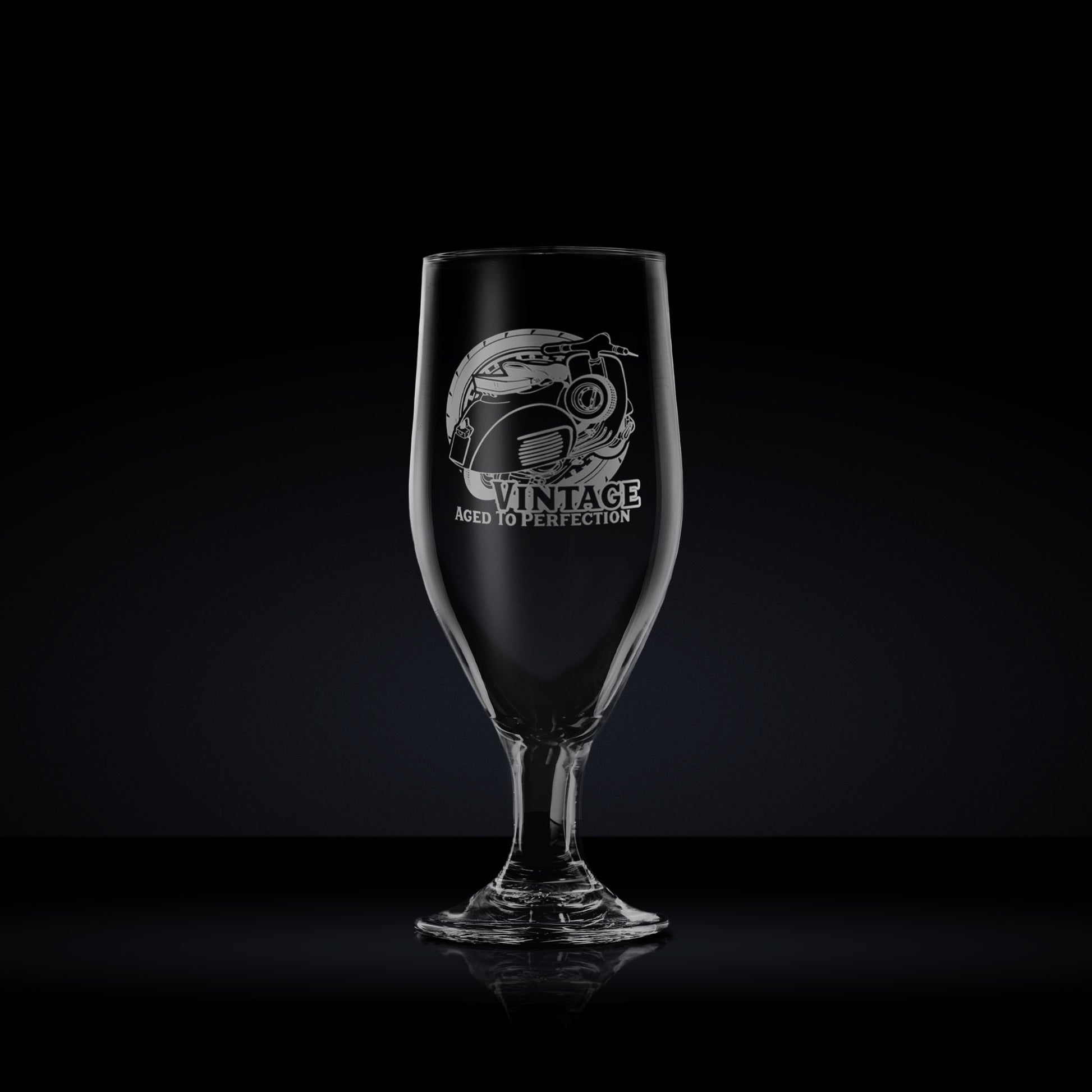 Engraved chalice beer glass etched with a vespa GL scooter design