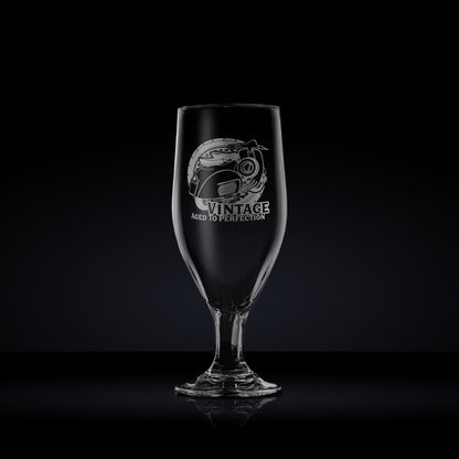 Engraved chalice beer glass etched with a vespa GL scooter design