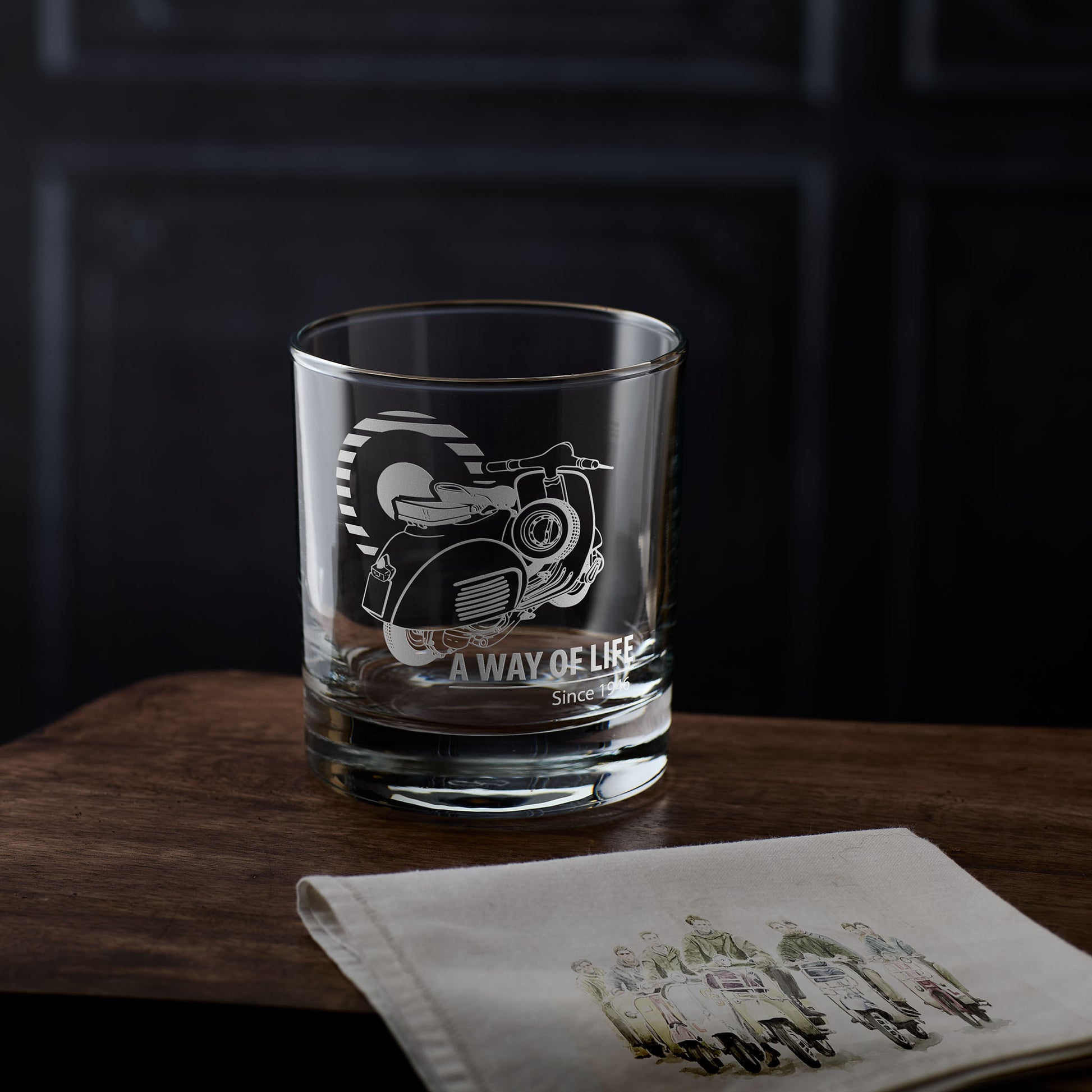 Vespa Gran Lusson whisky glass engraved with a GL Scooter and A Way of Life text