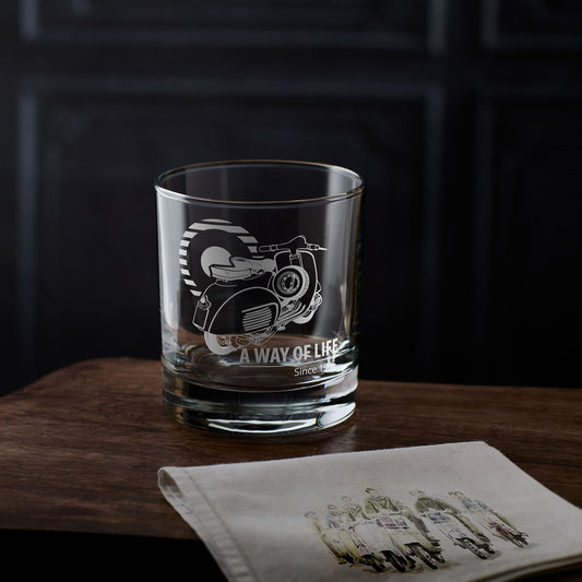 Vespa Gran Lusson whisky glass engraved with a GL Scooter and A Way of Life text