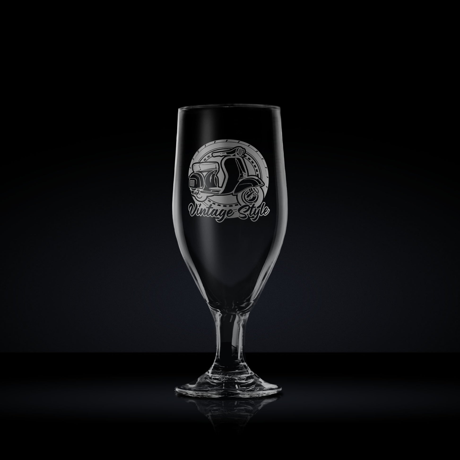 Chalice beer glass engraved with a Vespa GS (gran sport) scooter design