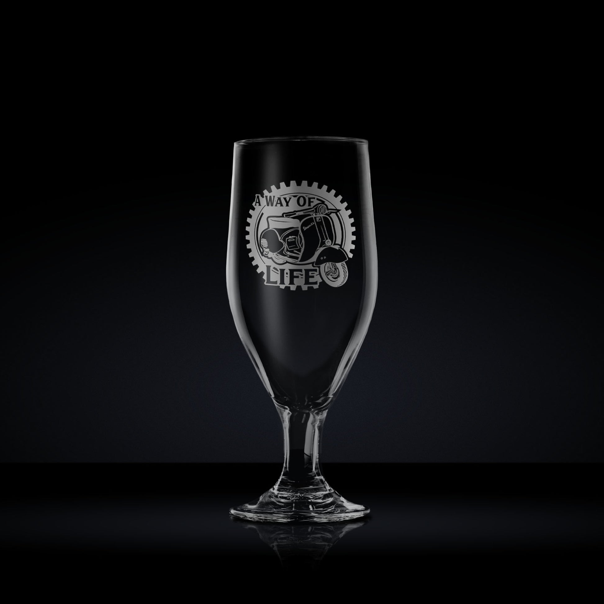 Chalice beer glass engraved with a Vespa GS (gran sport) scooter design