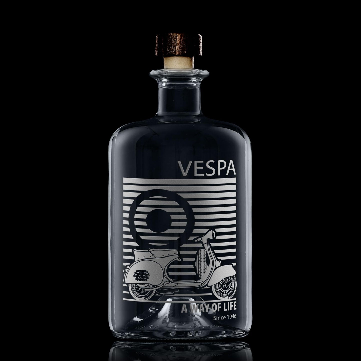 Mod ecanter engraved with a vespa gs150 scooter and target with text 