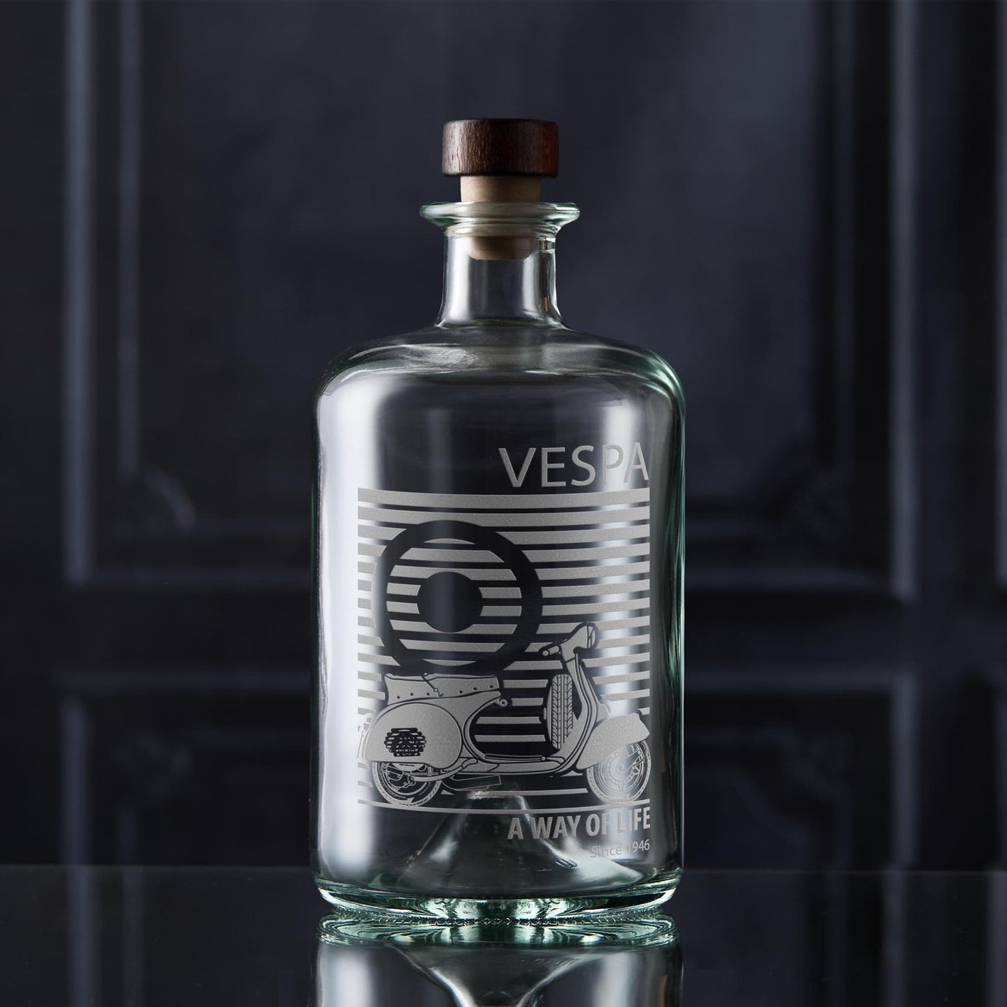 Vespa scooter apothecary style decanter engraved with a gs150 and mod target with etched text 