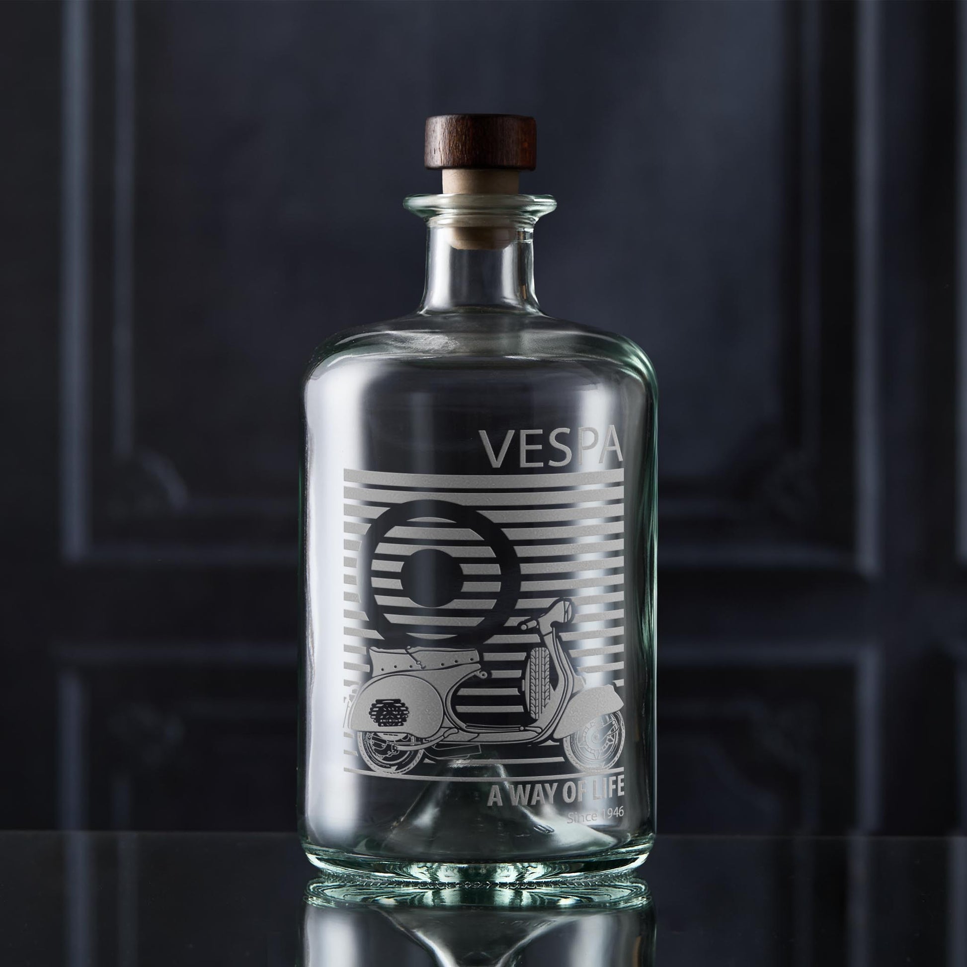 Vespa scooter apothecary style decanter engraved with a gs150 and mod target with etched text 