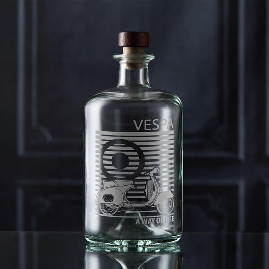 Vespa scooter apothecary style decanter engraved with a gs150 and mod target with etched text 