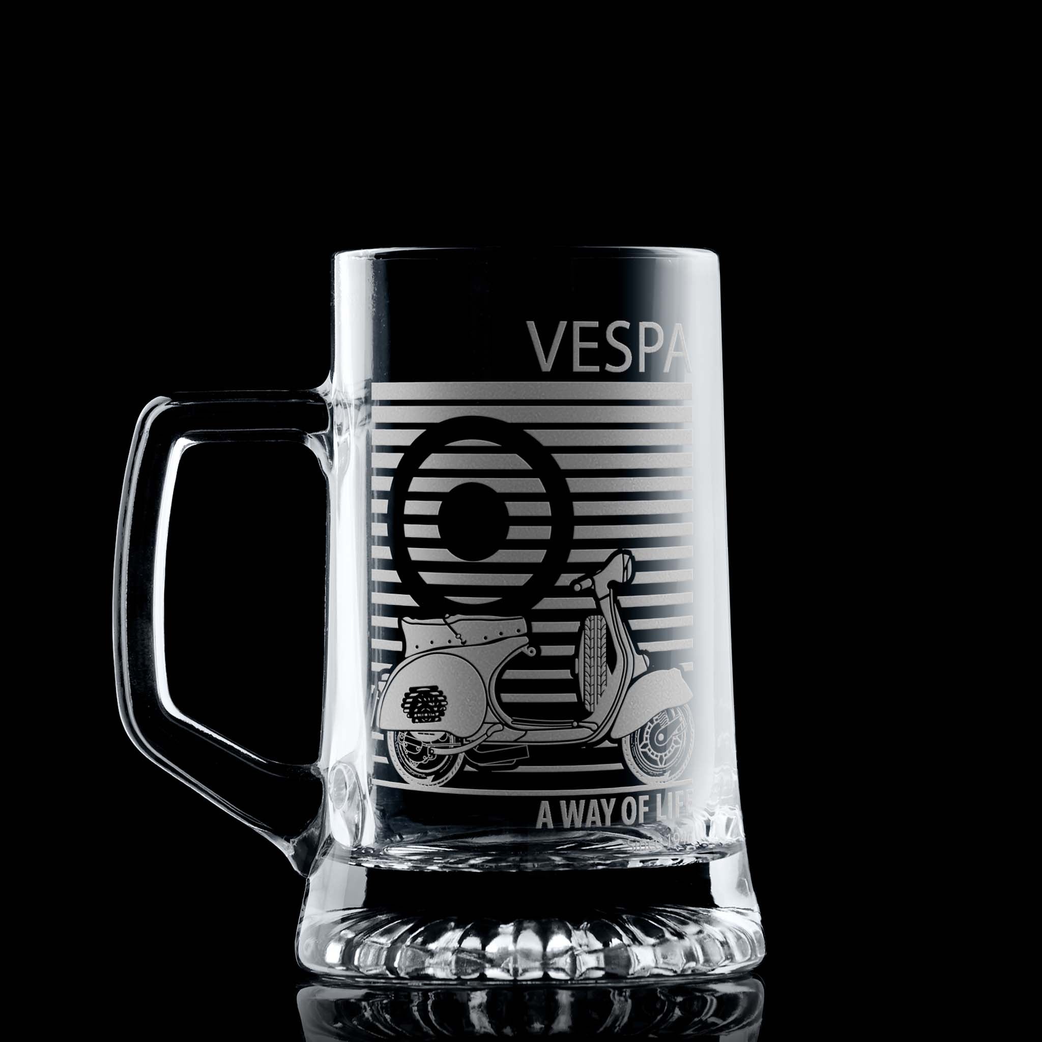 Beer tankard engraved with a classic Vespa GS scooter illustration and pinstriped mod target