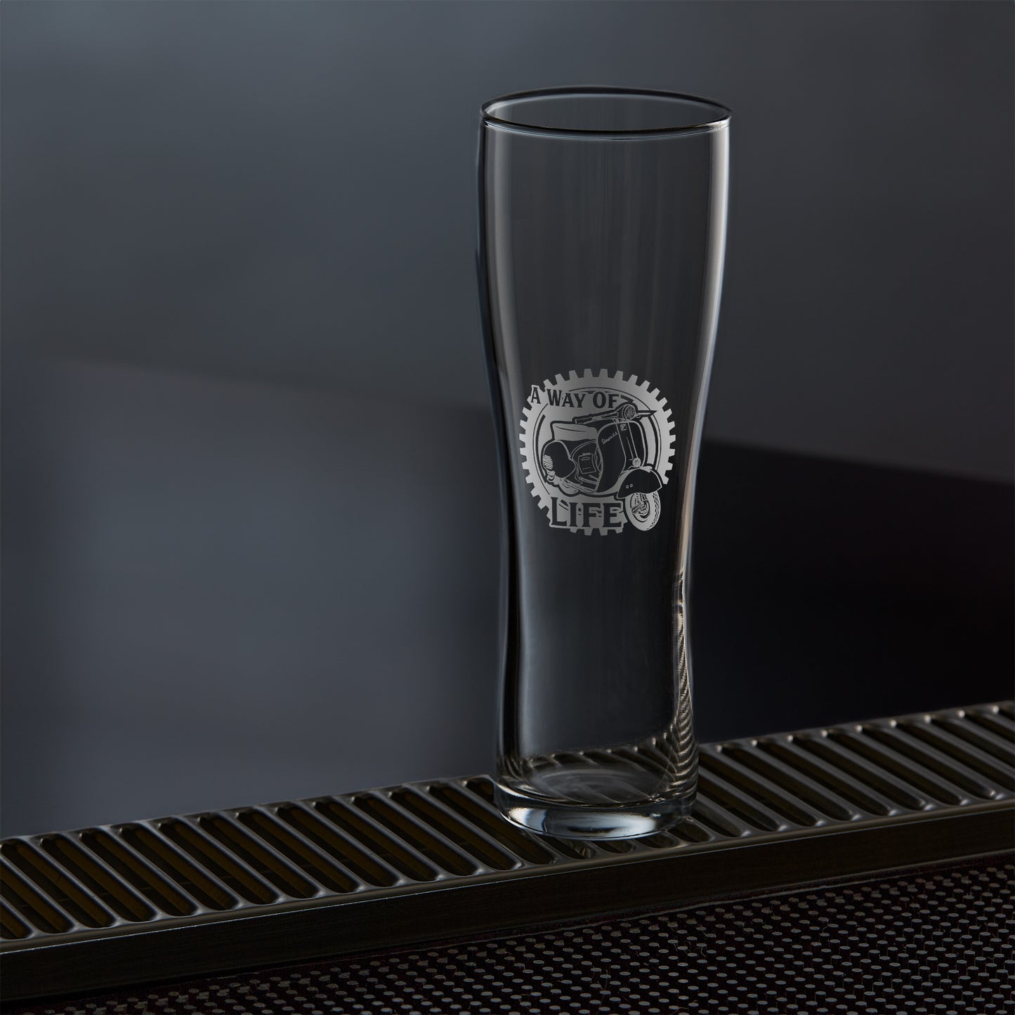 craft beer pint glass engraved with a vintage vespa GS scooter