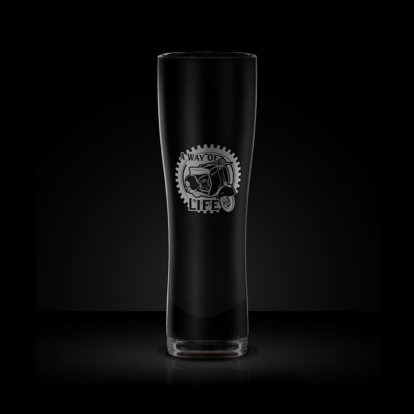 craft beer pint glass engraved with a vespa GS scooter