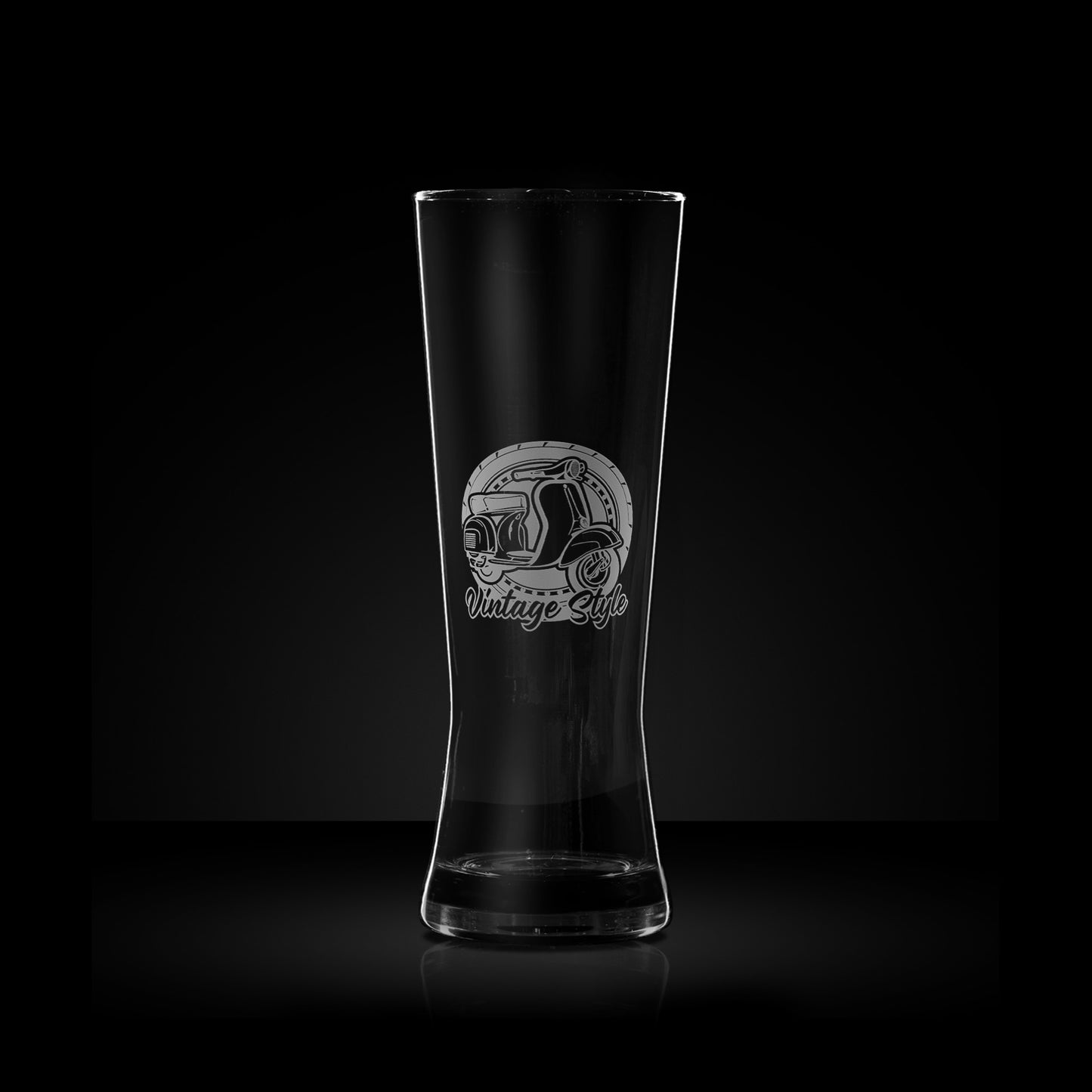 pilsner pint glass engraved with a vintage GS scooter