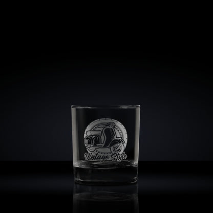 heavy base rocks glass engraved with an italian vespa gs160 scooter which can be personalised