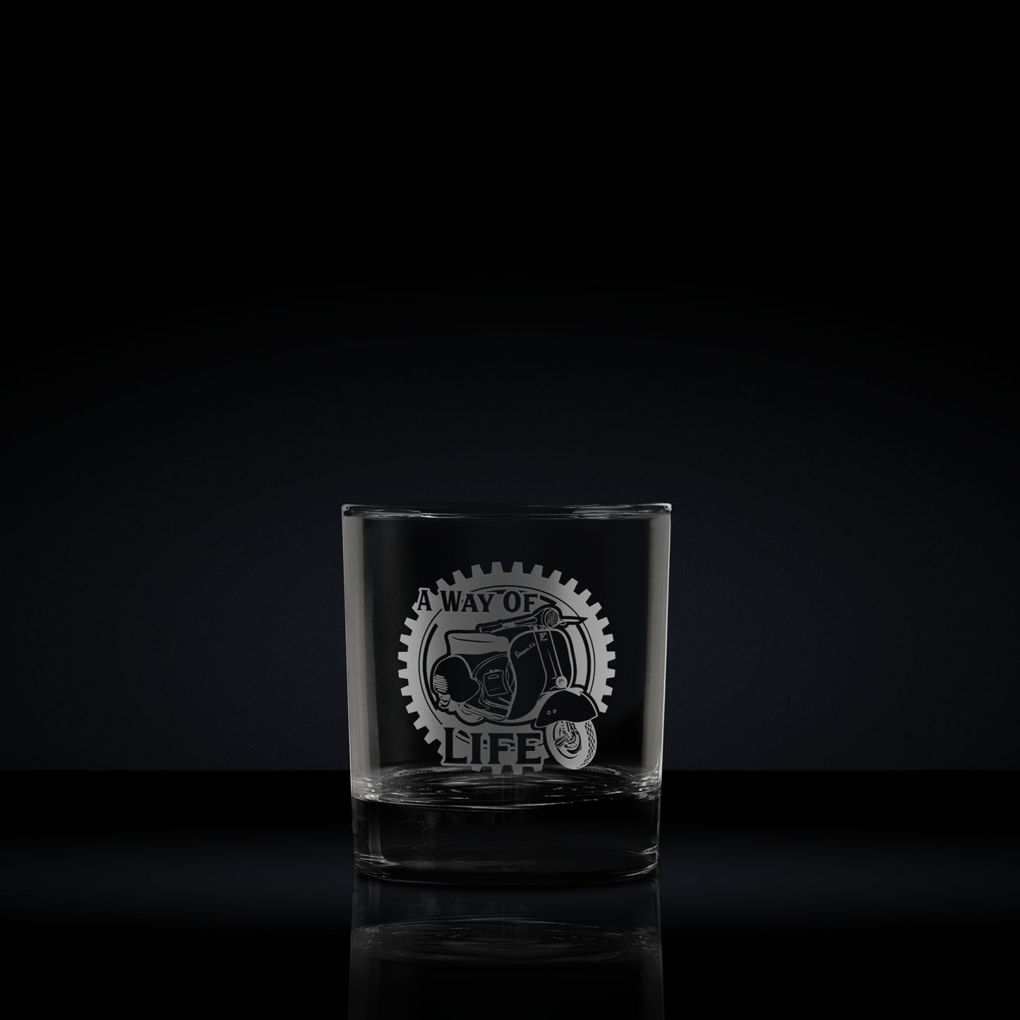 heavy base whisky tumbler engraved with an italian vespa gs150 scooter which can be personalised