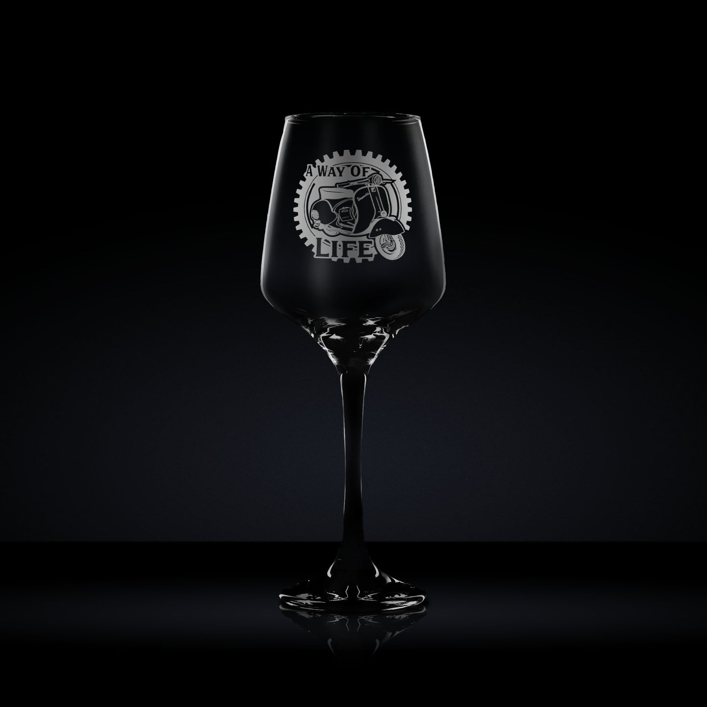 stemmed wine glass engraved with an italian vespa gs150 scooter which can be personalised