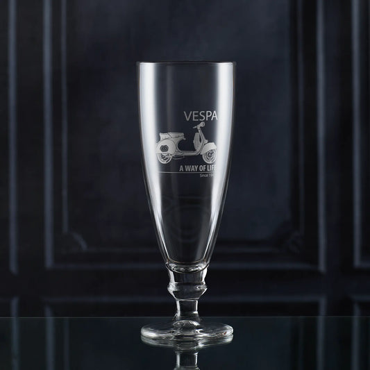 Engraved Vespa GS150 stemmed beer glass with Vespa script and ‘A Way of Life Since 1946’, styled in lifestyle setting