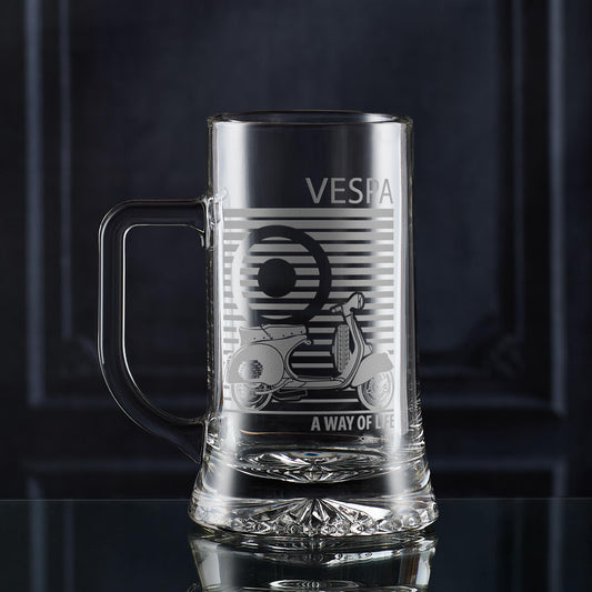 Beer tankard engraved with Vespa gs150 scooter and target design on a dark background