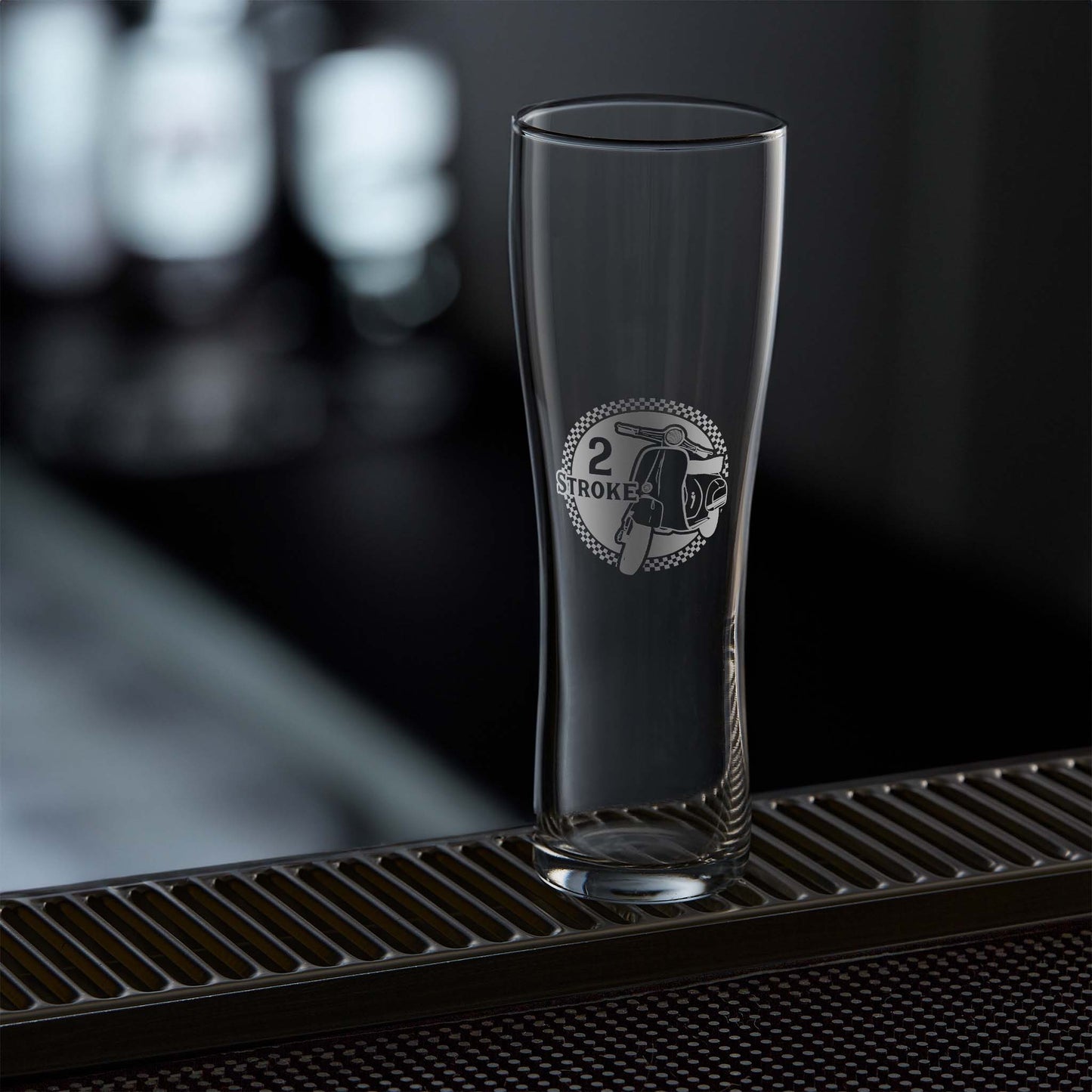 Tall pint glass engraved with a vespa primavera scooter