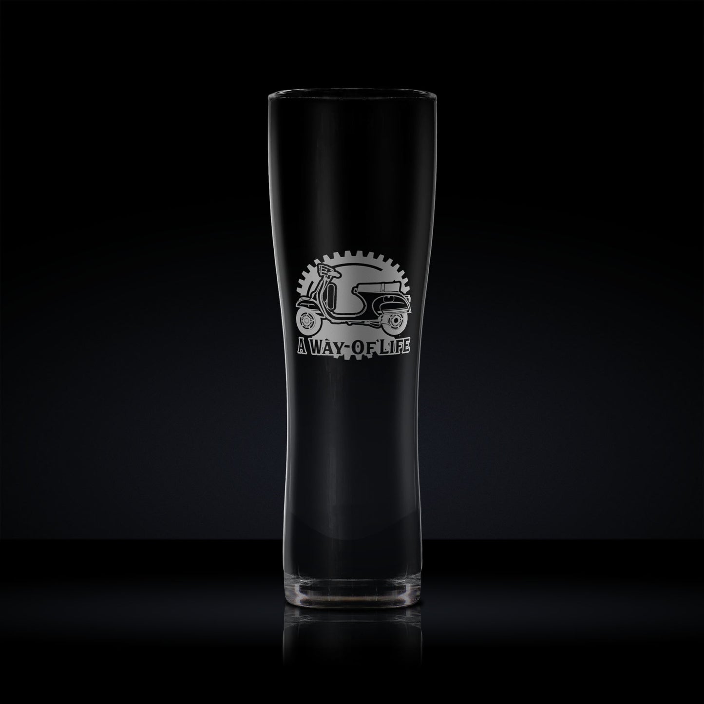 Tall pint glass engraved with a vespa primavera scooter