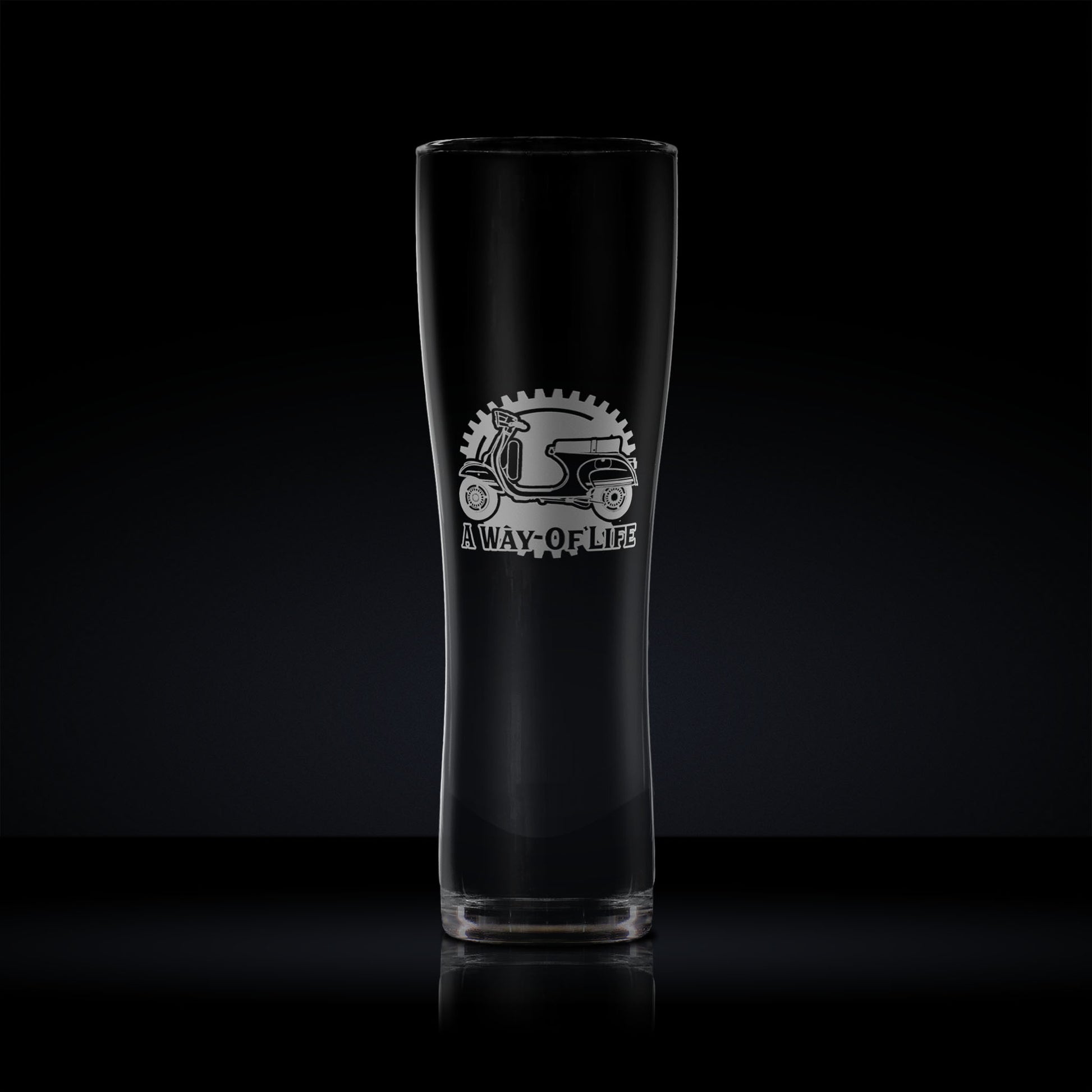 Tall pint glass engraved with a vespa primavera scooter