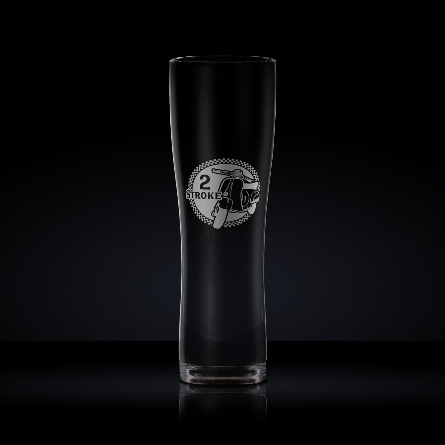 Tall pint glass engraved with a vespa primavera scooter