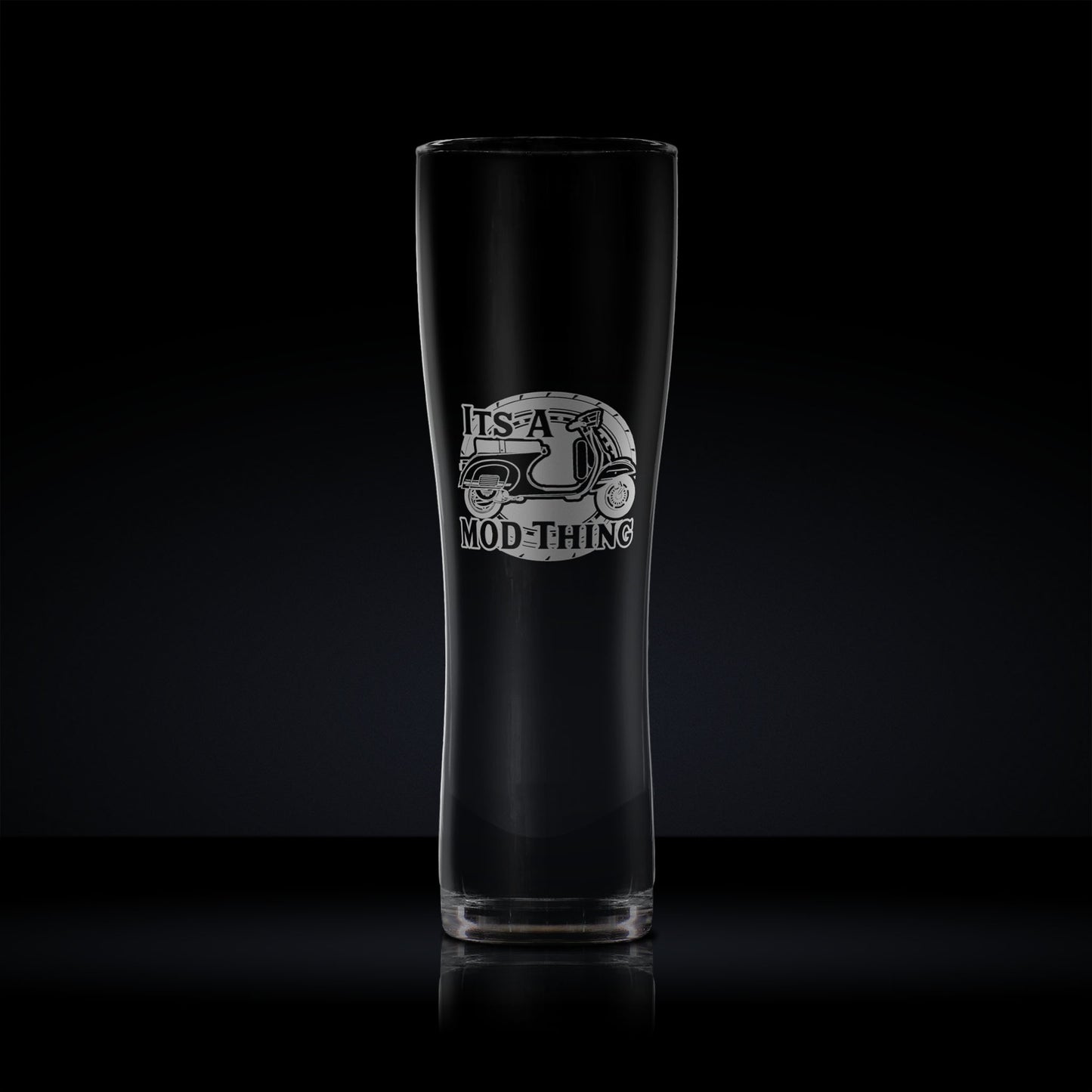 Tall pint glass engraved with a vespa primavera scooter