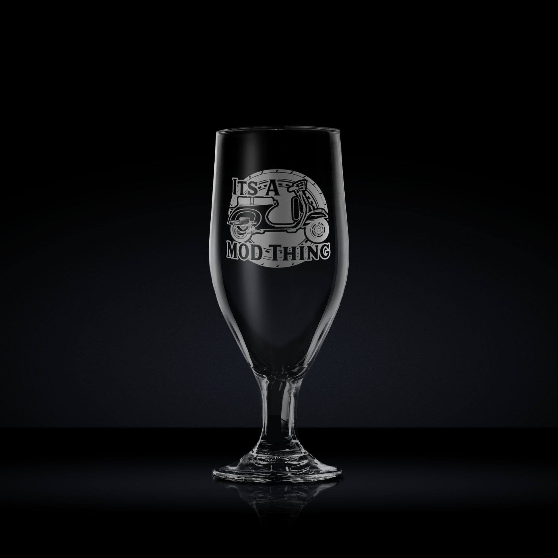 stemmed beer or cider glass engraved with a vespa primavera scooter