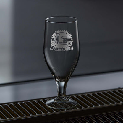 stemmed beer or cider glass engraved with a vespa primavera scooter