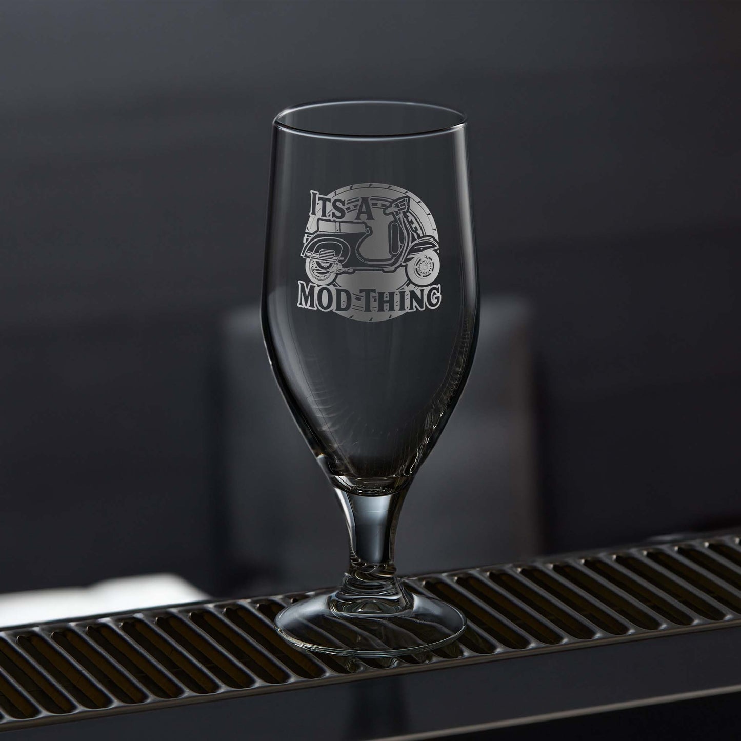 stemmed beer or cider glass engraved with a vespa primavera scooter