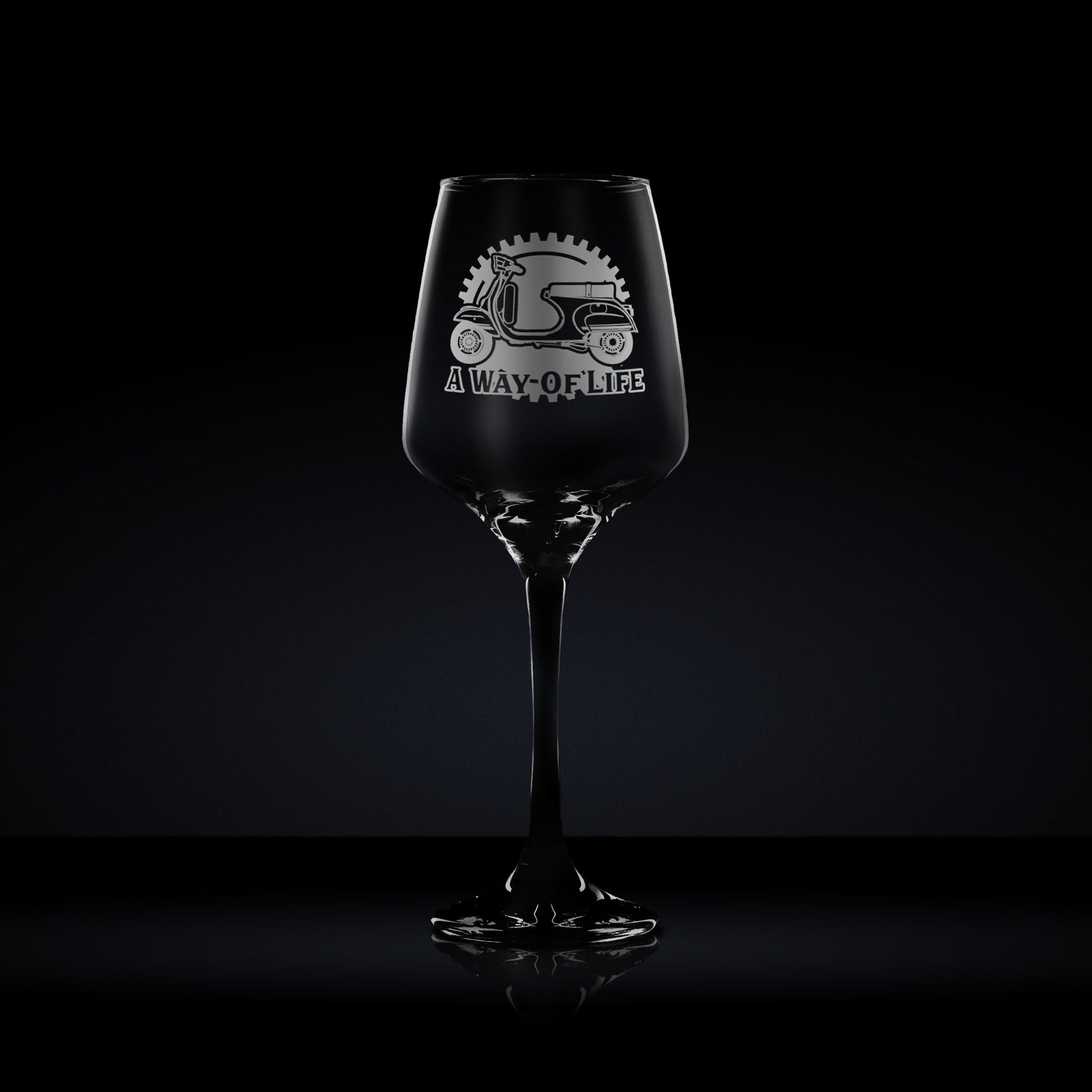 stemmed wine glass engraved with a vespa primavera scooter