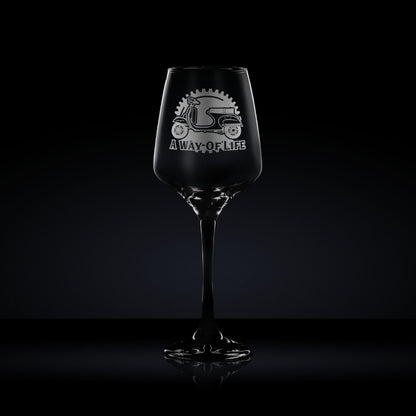 stemmed wine glass engraved with a vespa primavera scooter