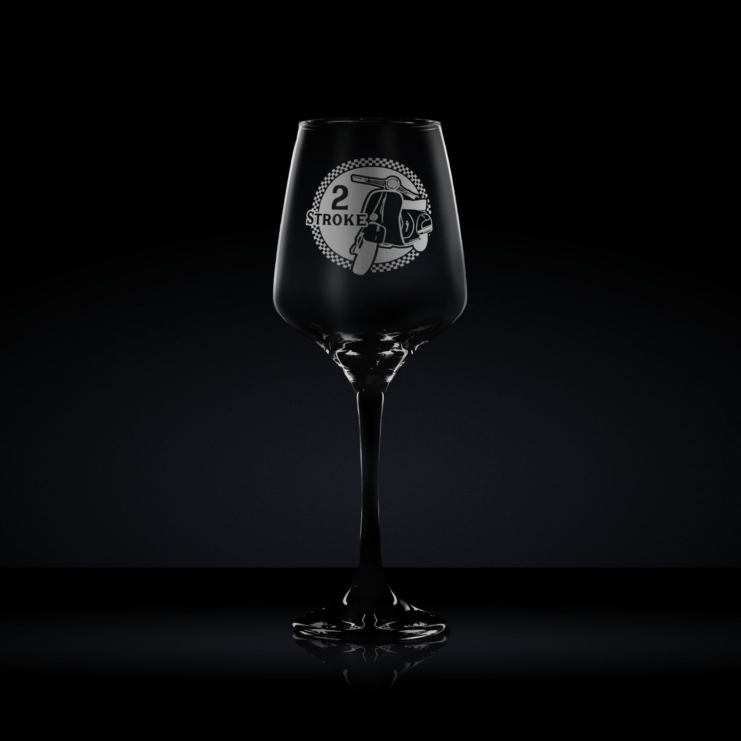 stemmed wine glass engraved with a vespa primavera scooter