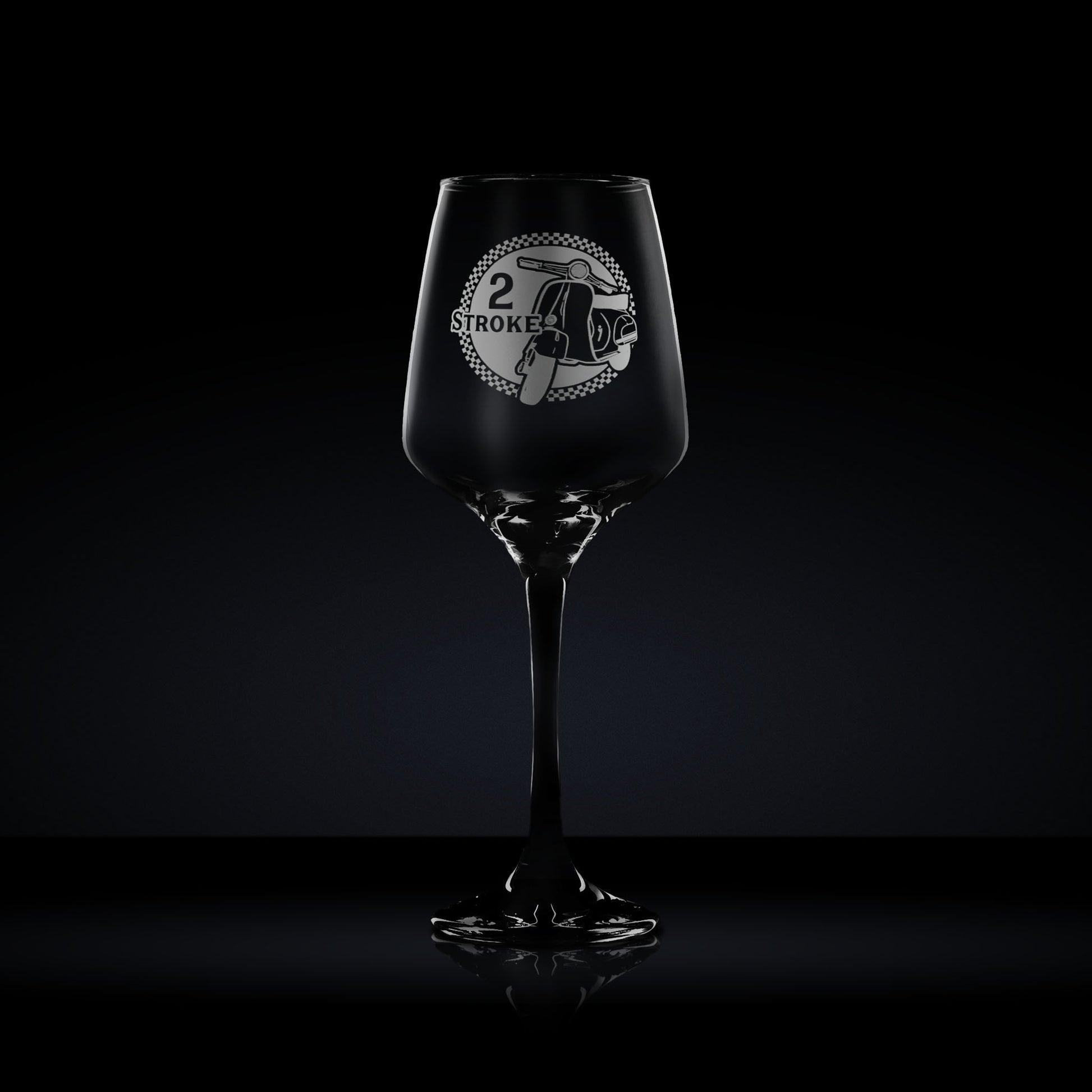 stemmed wine glass engraved with a vespa primavera scooter