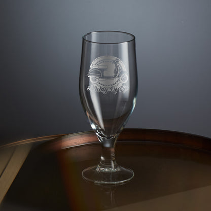 engraved stemmed beer glass featuring a vespa px scooter design