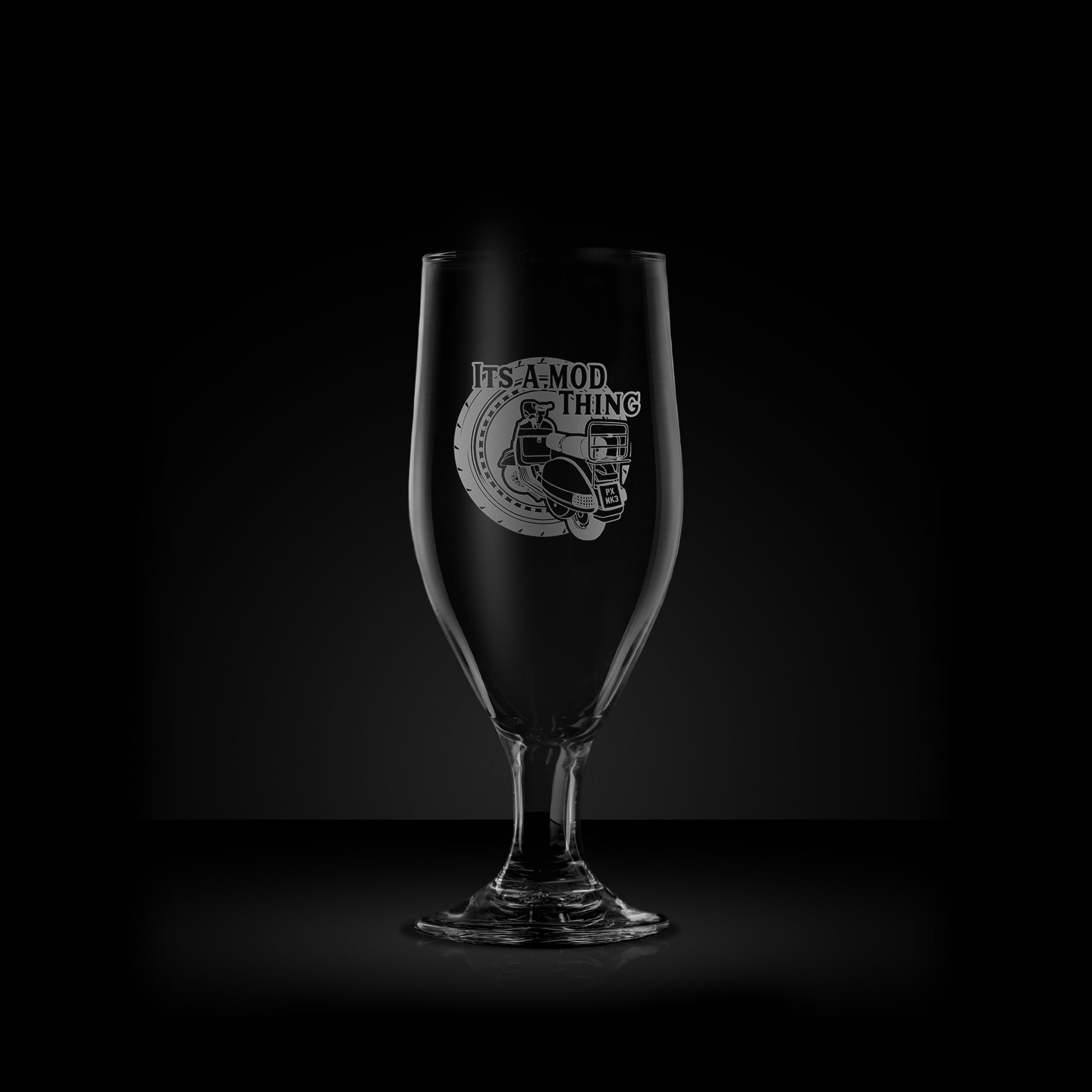 engraved scooter stemmed beer glass featuring a vespa px design