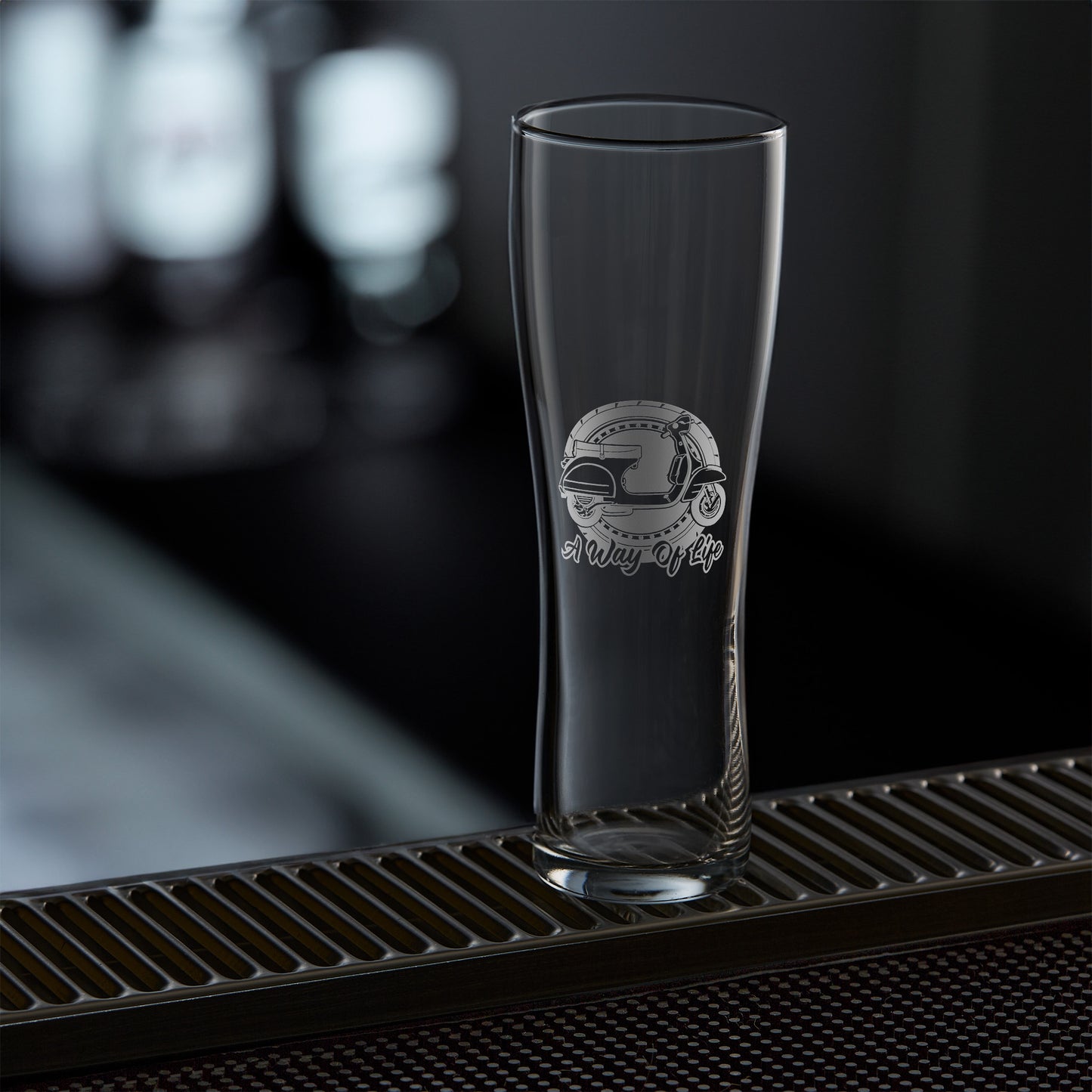 engraved scooter craft beer pint glass featuring a vespa px design