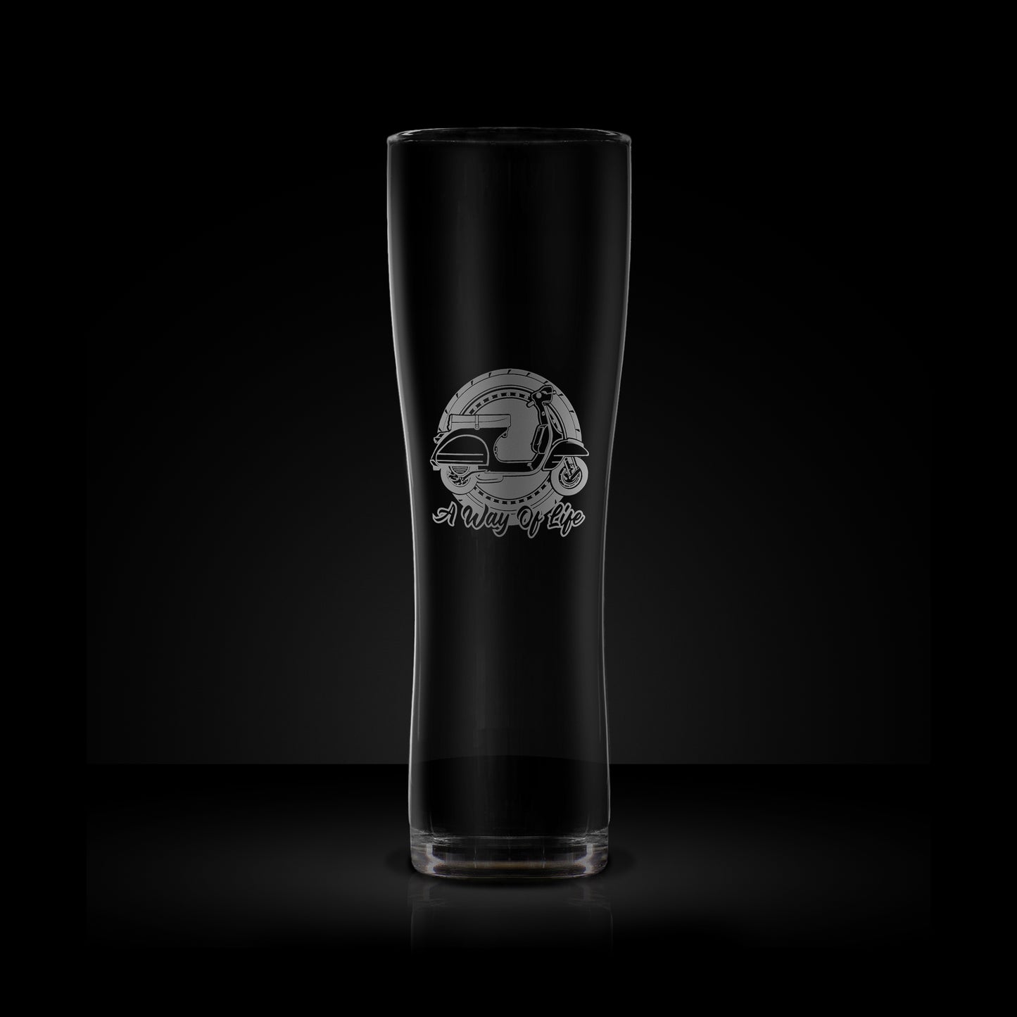 engraved scooter craft beer pint glass featuring a vespa px design