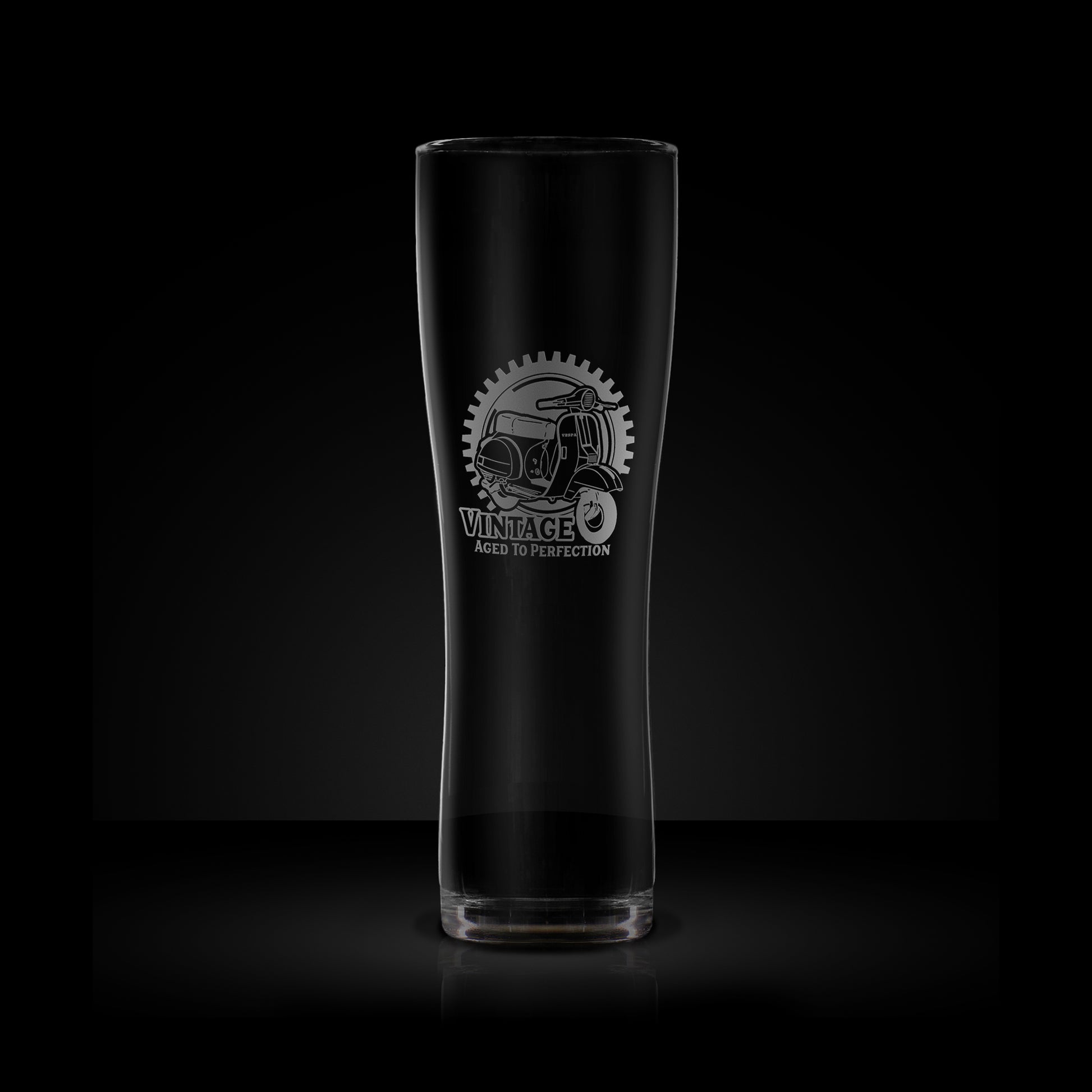 engraved scooter craft beer pint glass featuring a vespa px design